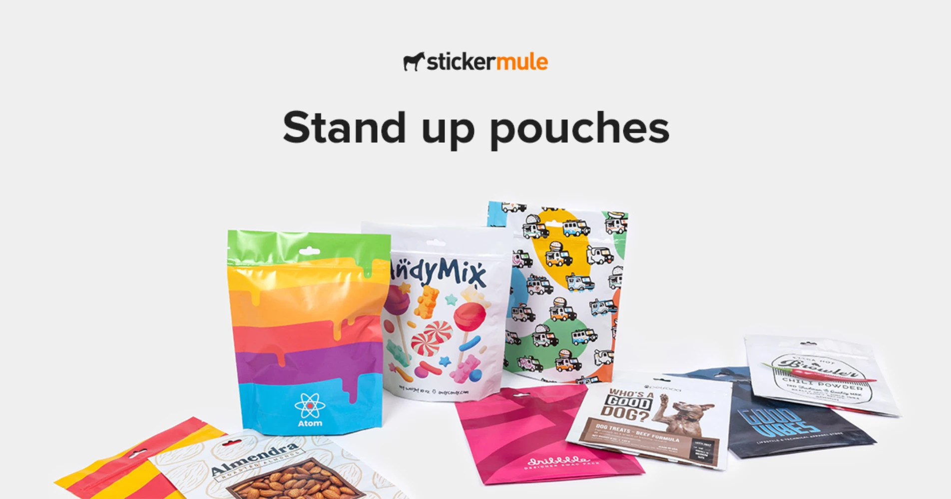 Sticker Mule stand-up pouches lineup — custom printed flexible packaging for small brands