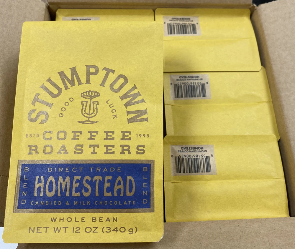 Stumptown Coffee Homestead Blend 12oz side gusset bag — direct trade whole bean coffee packaging front panel