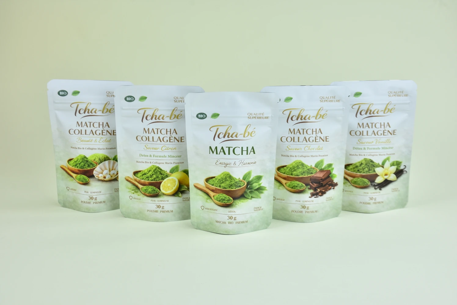 Tcha-bé matcha collagène supplement powder pouches in full variant lineup — custom packaging produced by JINYI
