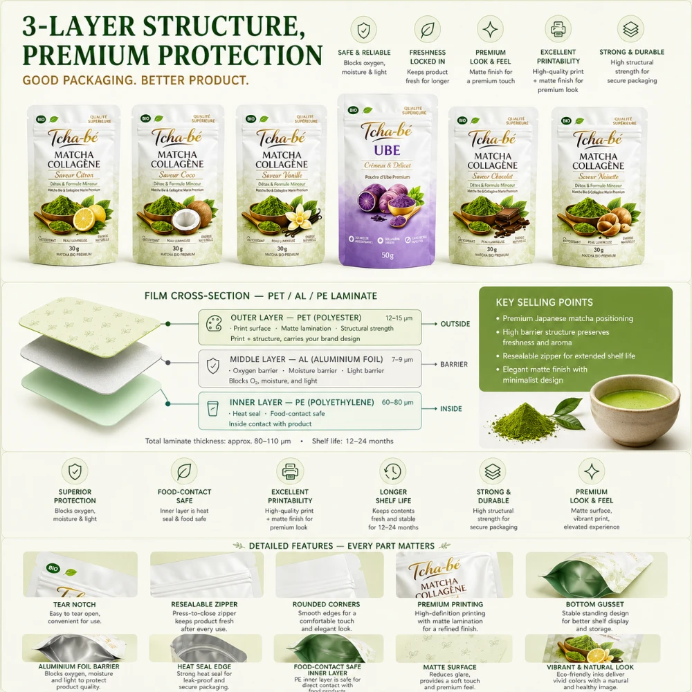 Tcha-bé supplement powder packaging 3-layer PET AL PE structure — custom multi-SKU stand-up pouches produced by JINYI