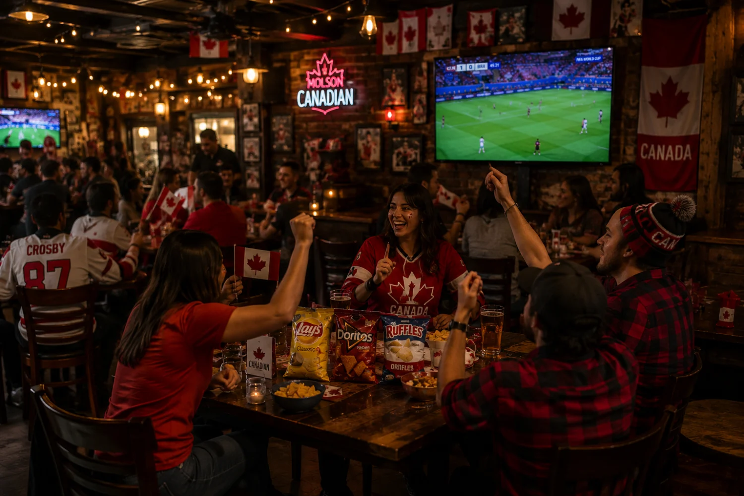 World Cup 2026 Canada fans celebrating at sports bar — Canadian food and beverage packaging consumption during tournament