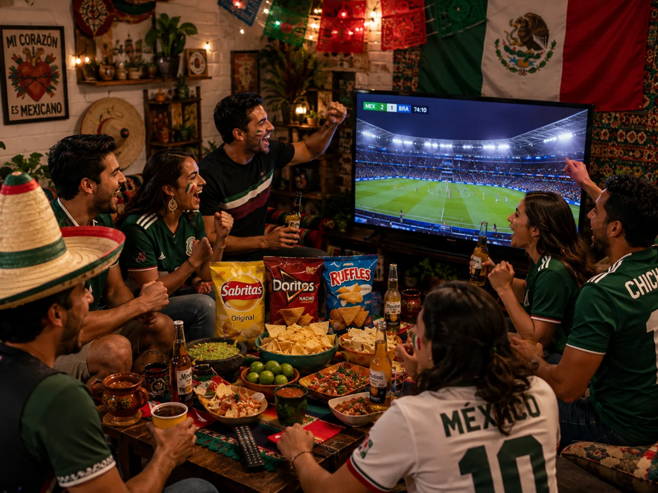 World Cup 2026 Mexico fans watching match at bar with Sabritas and Cheetos snack packaging — Mexican food brands at sporting events