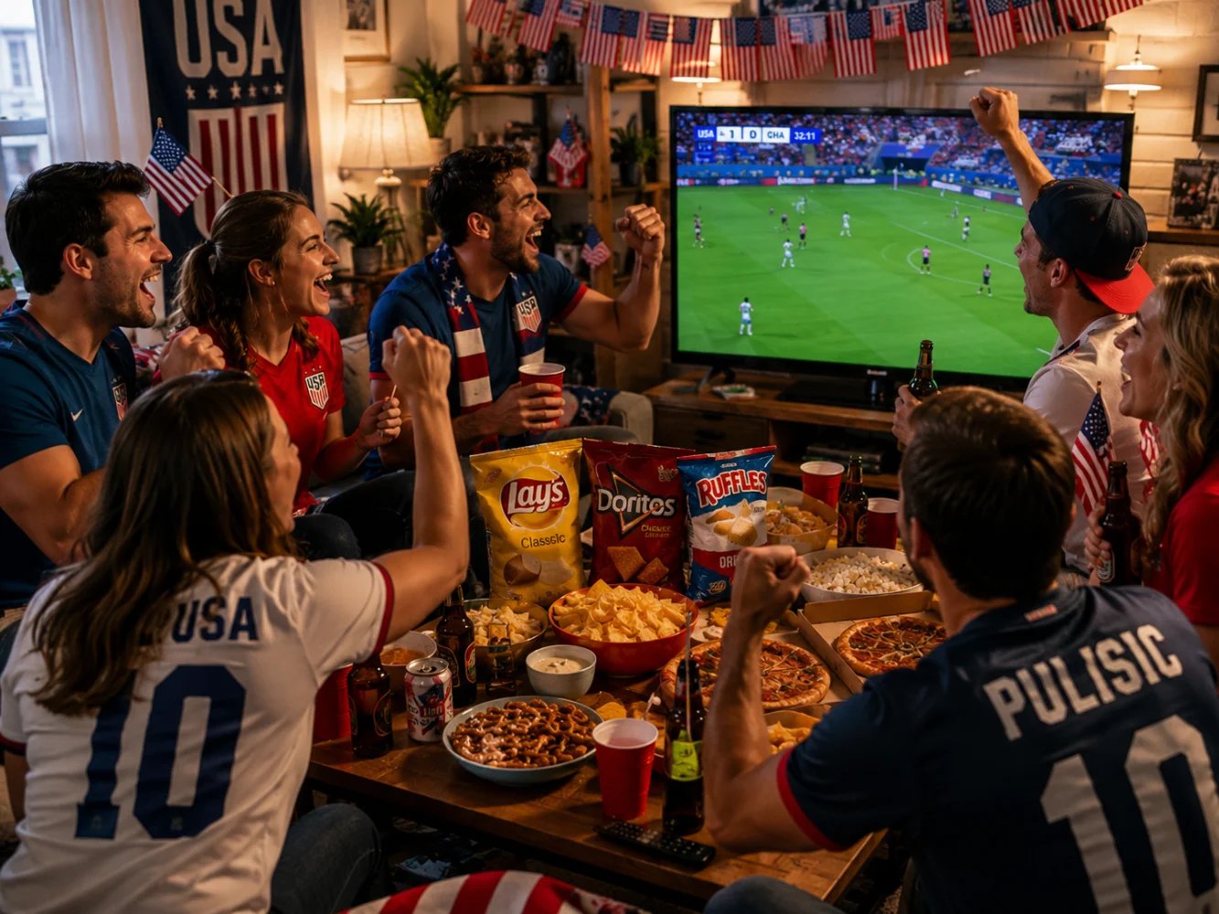 World Cup 2026 USA fans watching match with snacks and flexible packaging — American food and beverage consumption at sporting events