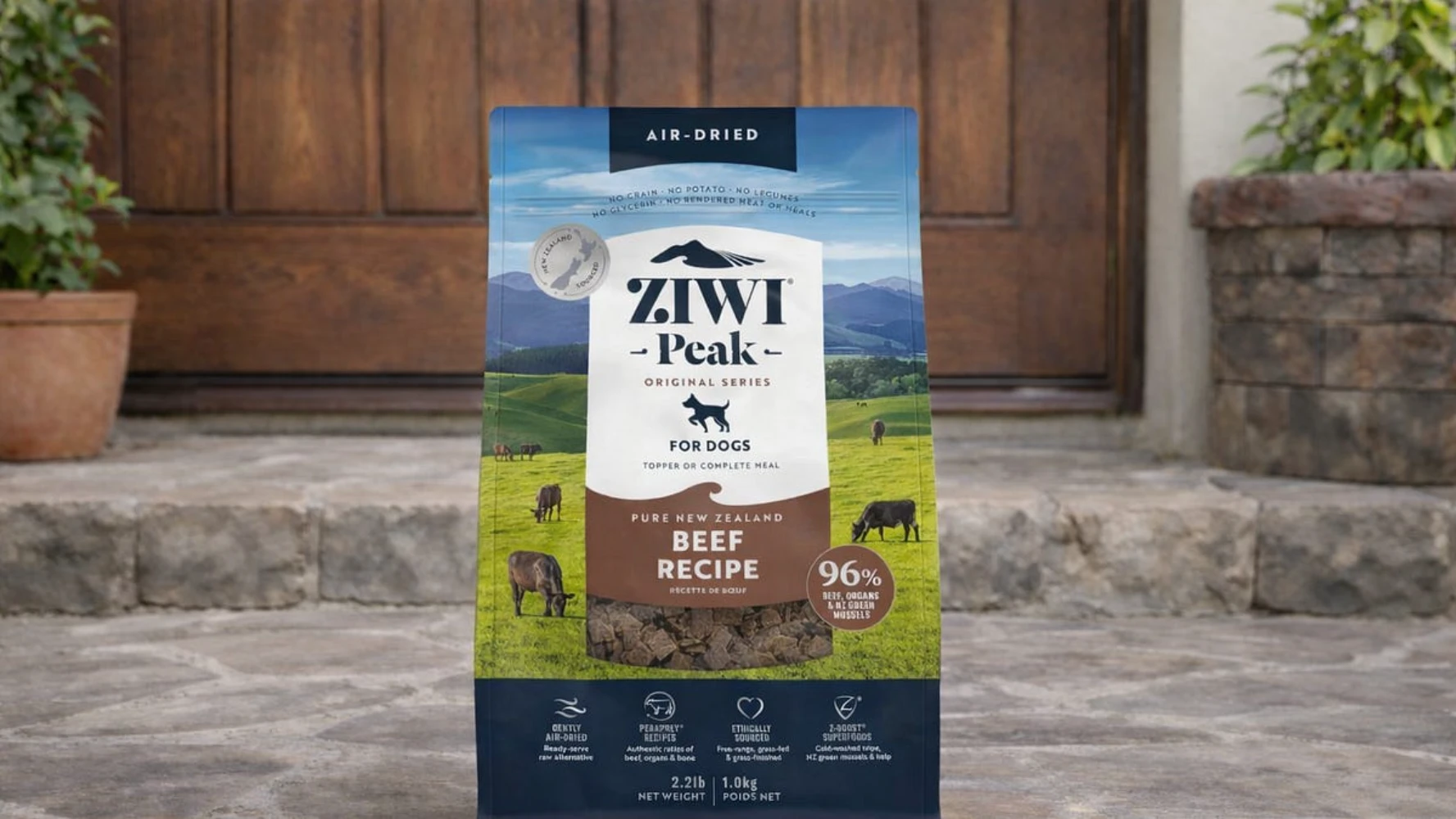 ZIWI Peak Beef Recipe flat-bottom stand-up pouch — front panel packaging design with clear window