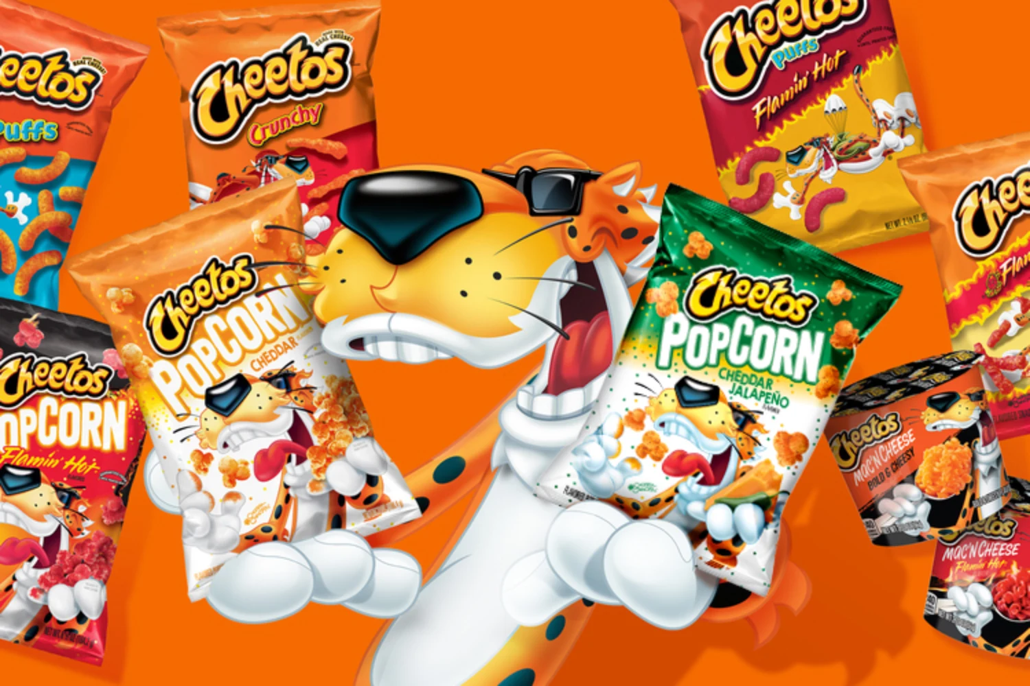 Cheetos brand lineup featuring Chester Cheetah mascot with multiple product bag varieties