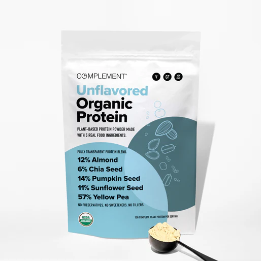 Complement Unflavored Organic Protein powder stand-up pouch showing plant-based protein blend ingredients