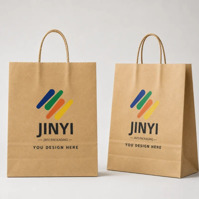 Custom kraft paper bag with twisted paper handle — angled view — JINYI