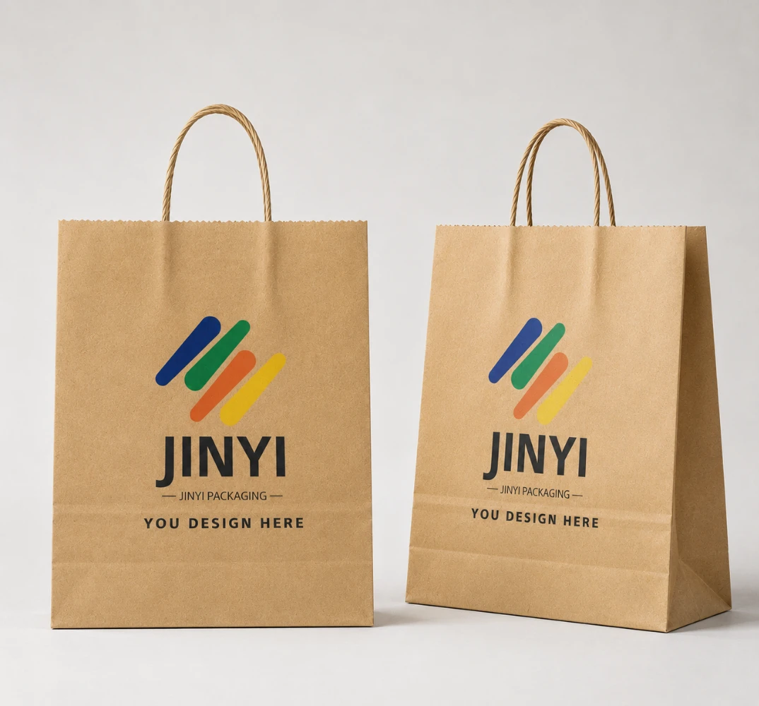 Custom kraft paper bag with twisted paper handle — angled view — JINYI