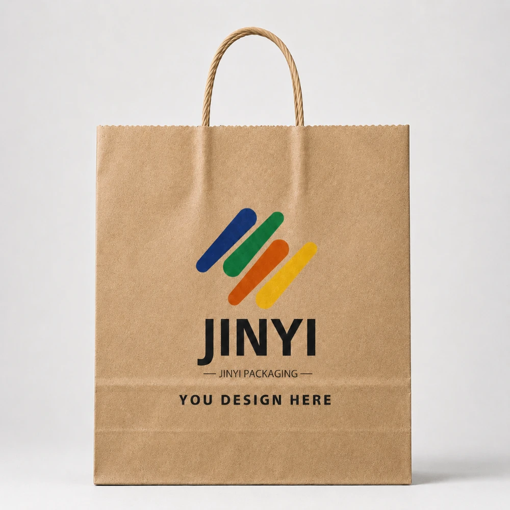 Custom kraft paper bag with twisted paper handle — front view — JINYI