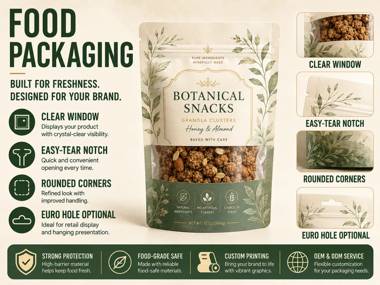 Food packaging functional features diagram showing clear window, easy-tear notch, rounded corners and euro hole on a stand-up pouch