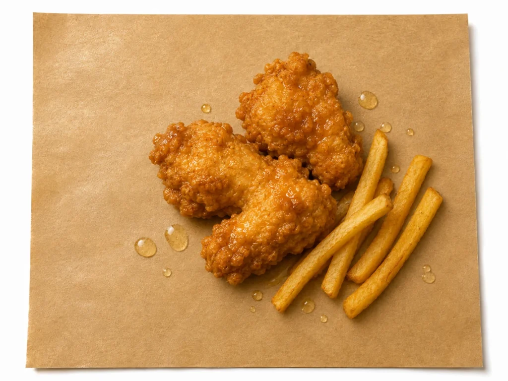 Fried chicken and fries on grease-resistant kraft paper showing oil and moisture resistance