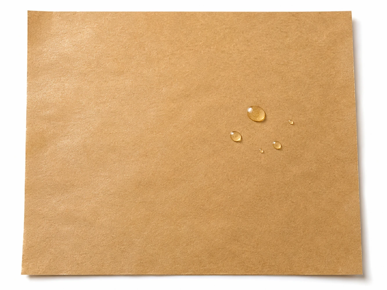Grease-resistant kraft paper with oil droplets on surface showing anti-grease performance
