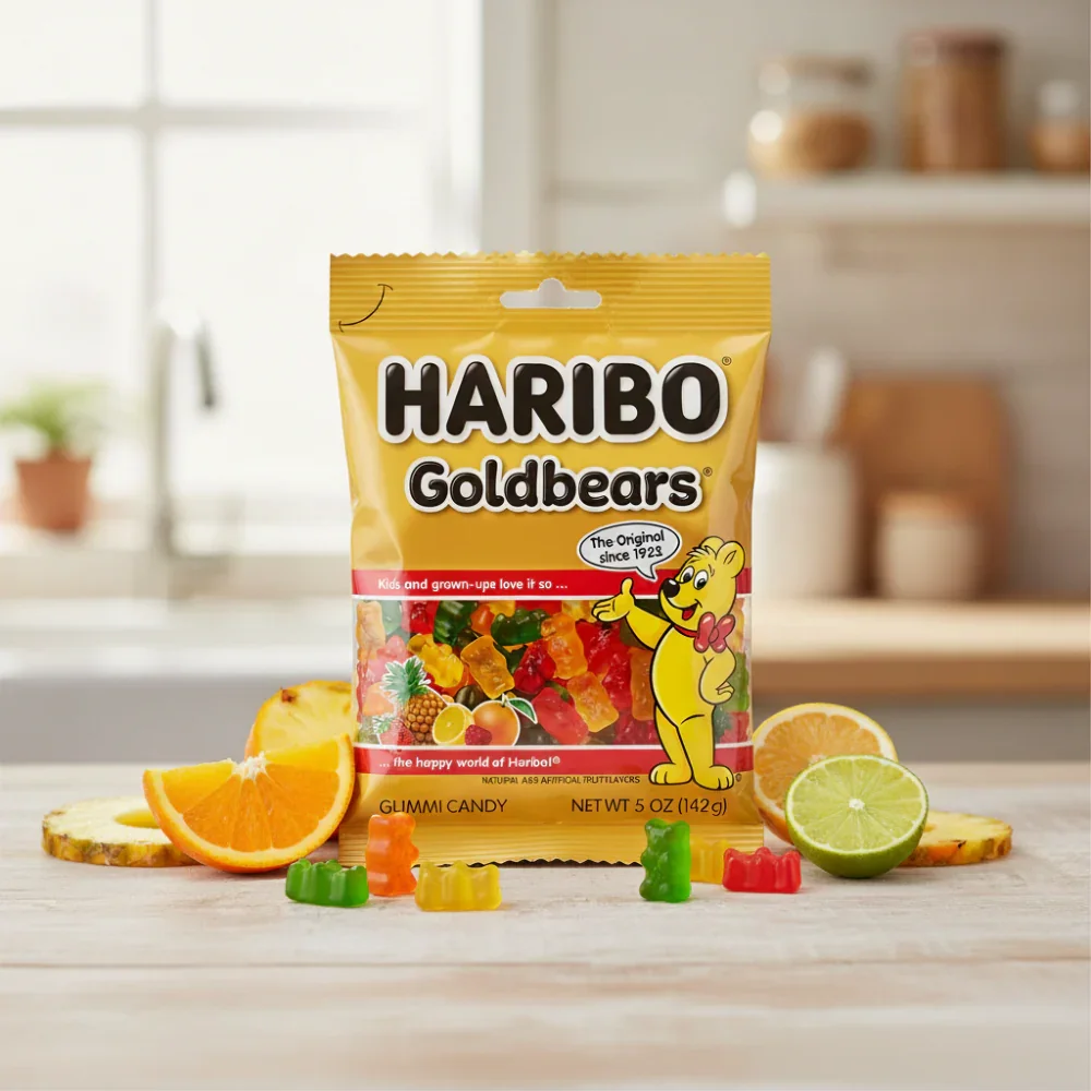 Haribo Goldbears gummy bears stand-up pouch displayed with fresh fruit on a clean background
