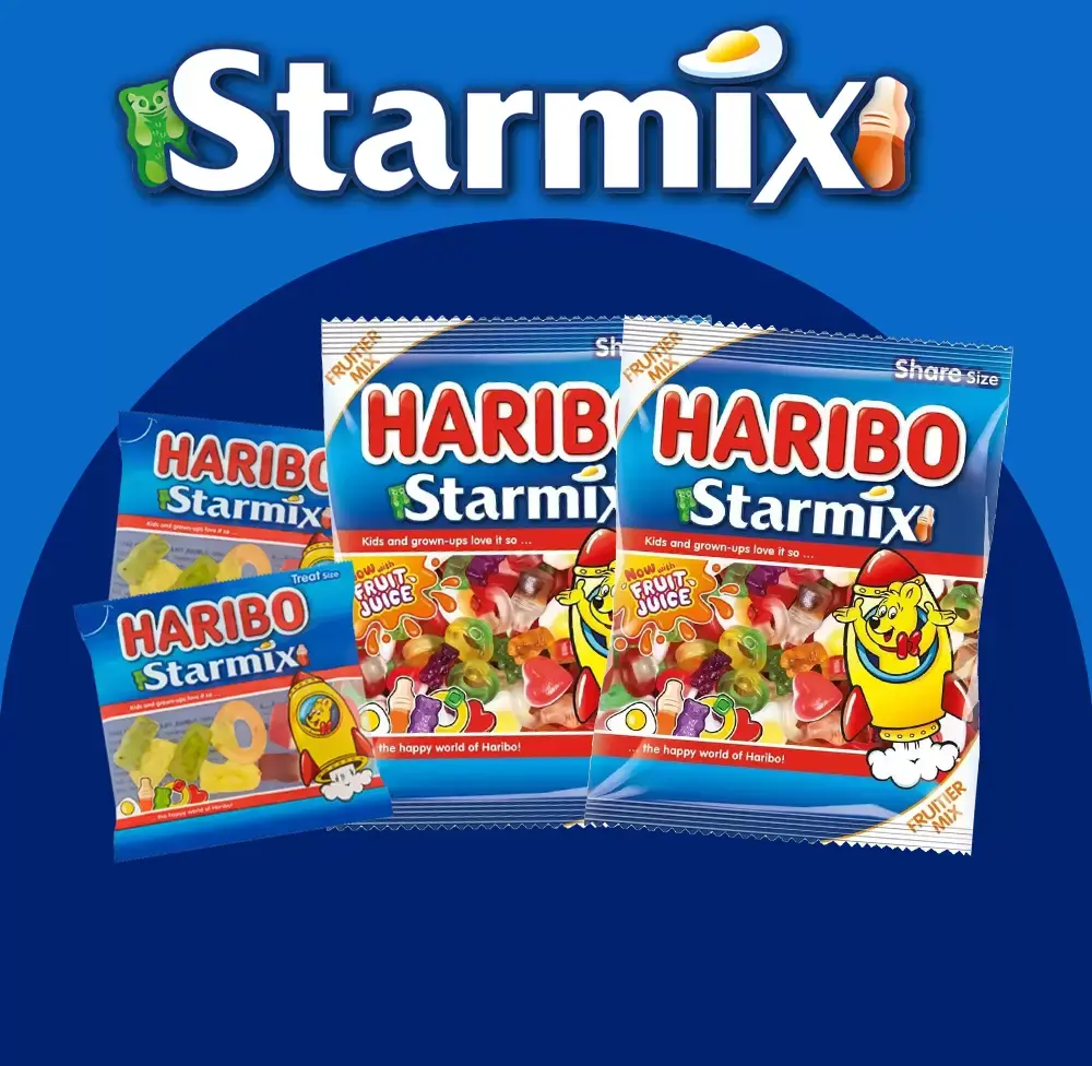 Haribo Starmix gummy candy stand-up pouch packaging displayed on blue background