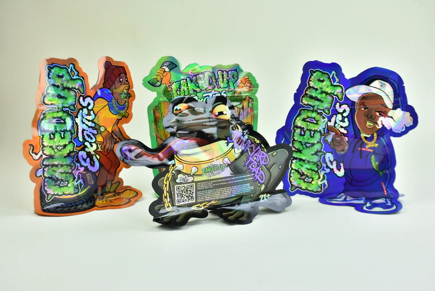 Holographic die-cut mylar bags side view — custom shaped pouches produced by JINYI factory