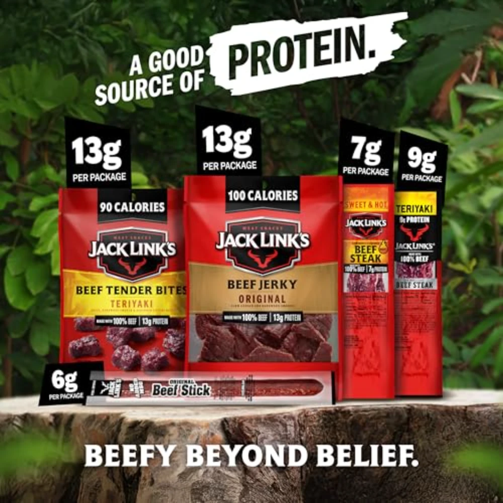 Jack Link's beef jerky and meat stick protein snacks displayed outdoors with beefy beyond belief campaign
