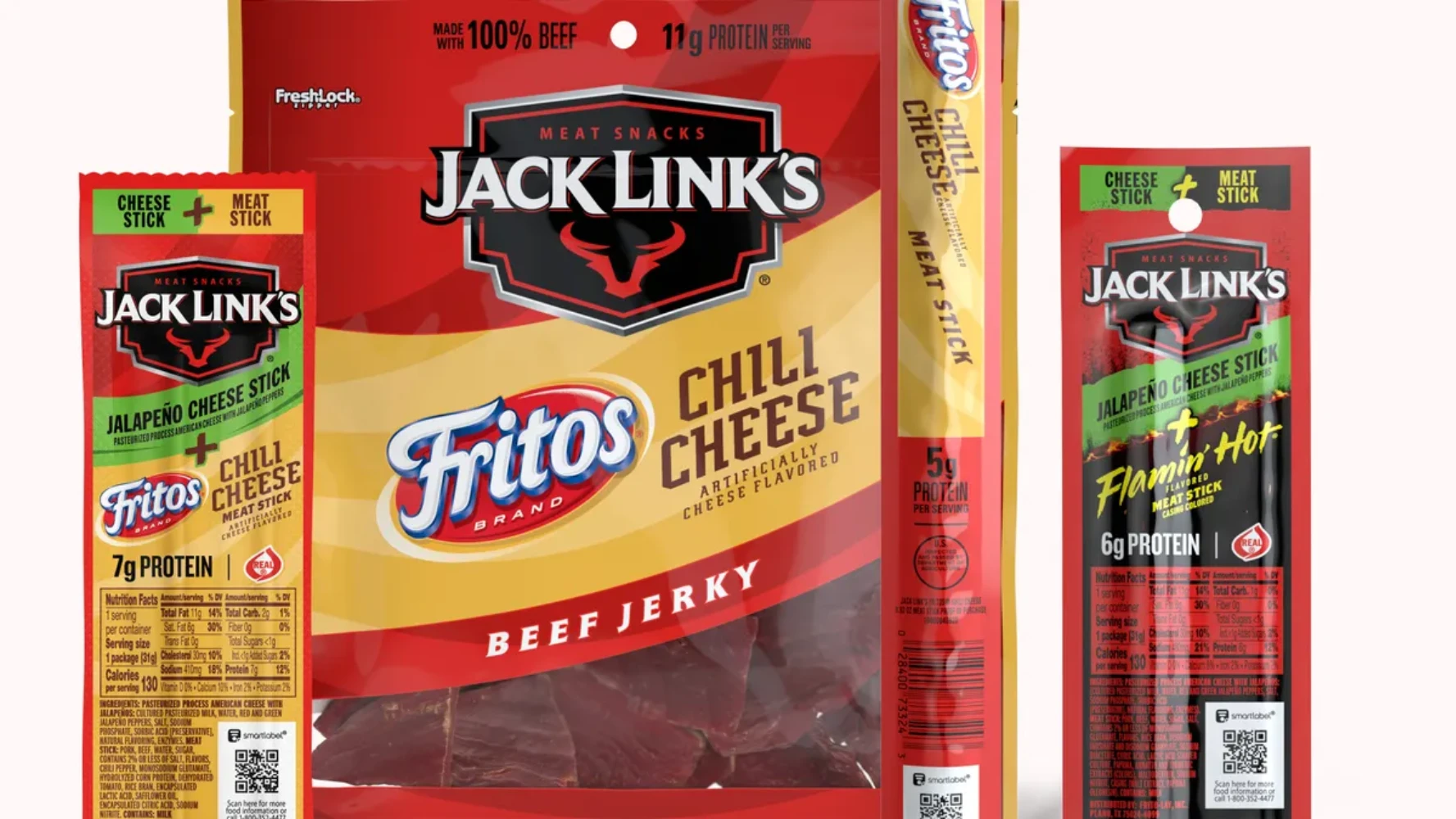 Jack Link's Fritos Chili Cheese and other collaboration beef jerky packaging formats displayed together