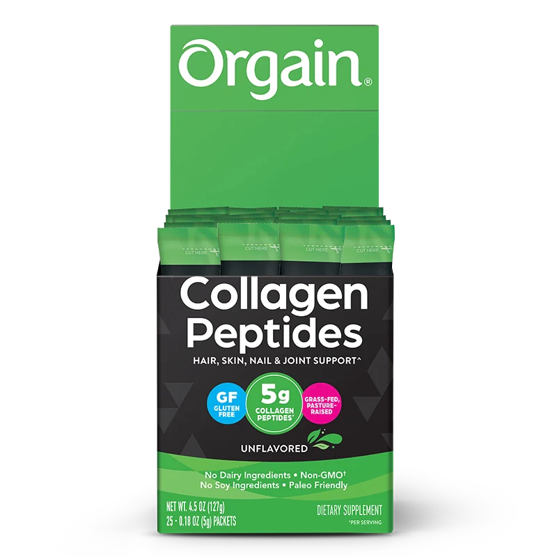 Orgain Collagen Peptides 25-count stick pack box showing individual packets for daily supplement use