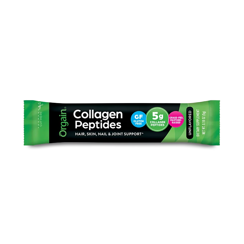 Orgain Collagen Peptides single serve stick pack in green packaging for hair skin nail and joint support