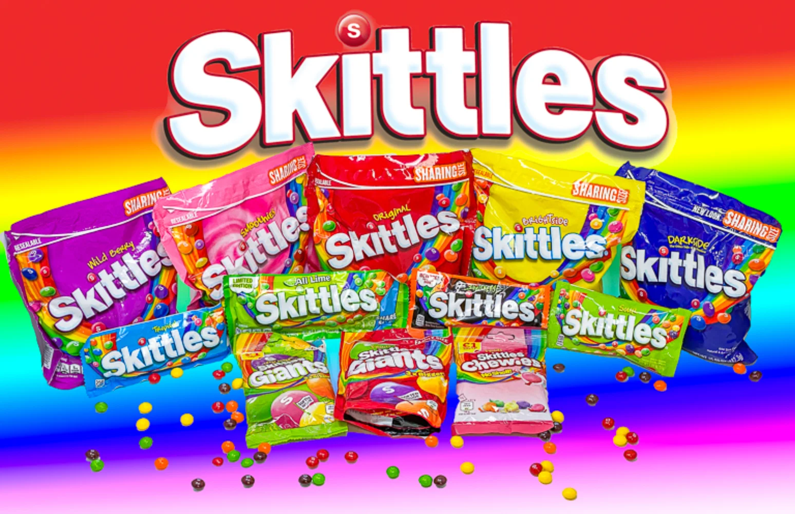 Skittles full flavor range including Original Sour Wild Berry and Tropical bags on rainbow background