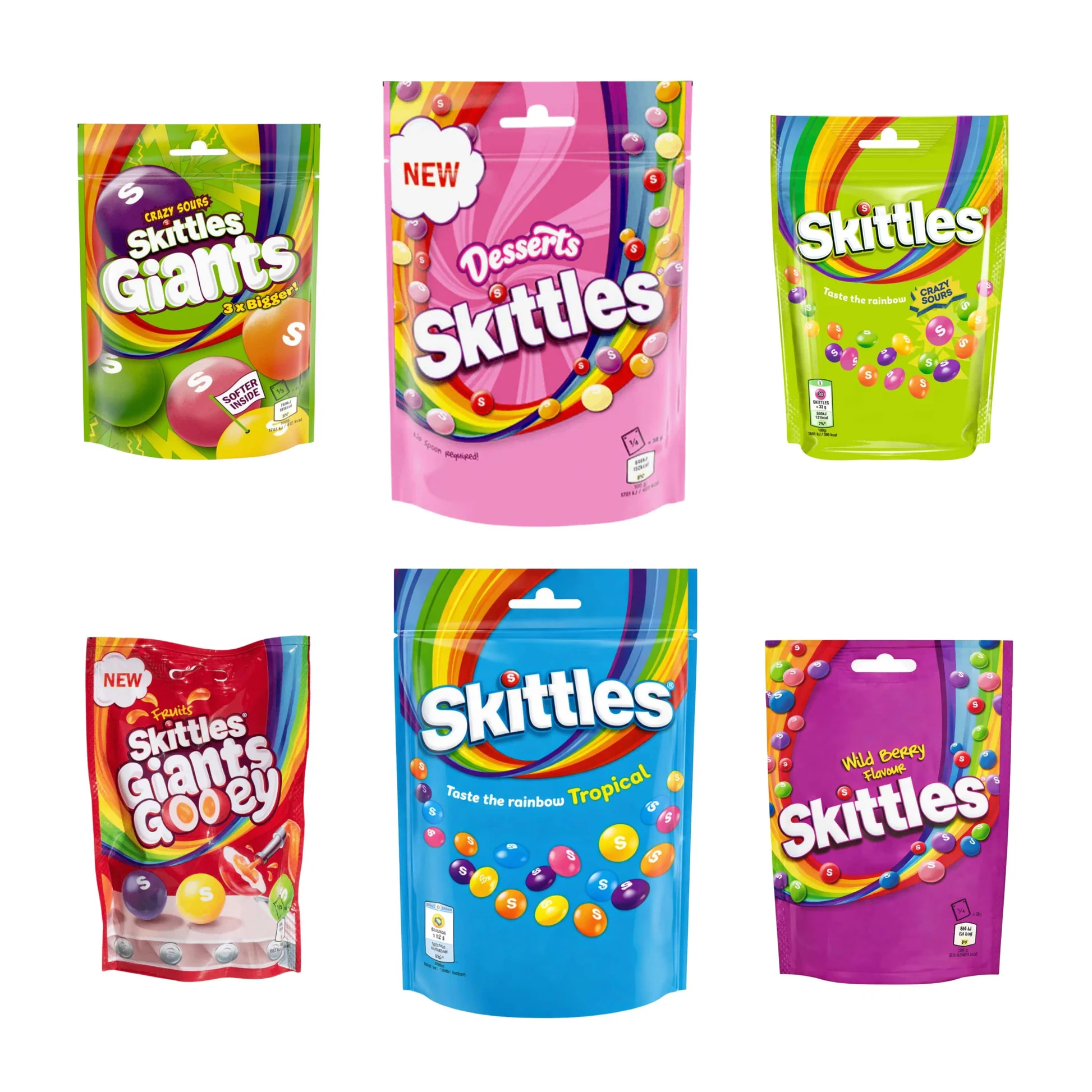 Six Skittles stand-up pouch flavor varieties including Giants and Crazy Cores arranged in two rows