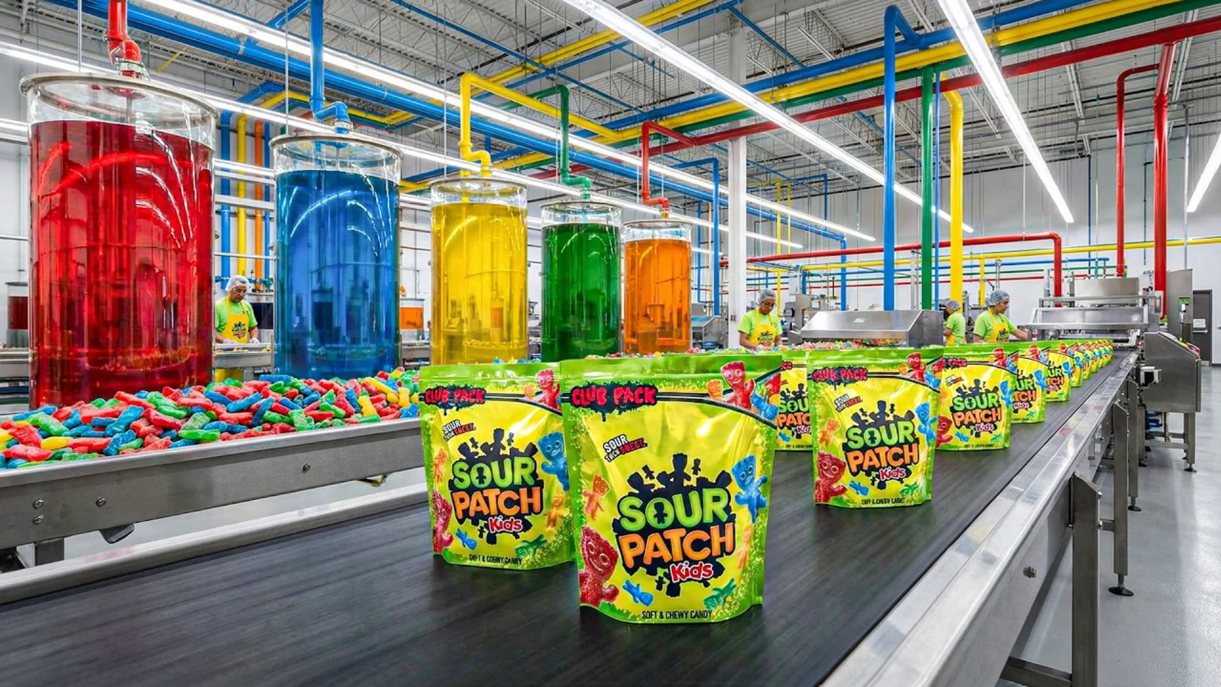 Sour Patch Kids gummy candy production line inside a confectionery manufacturing facility