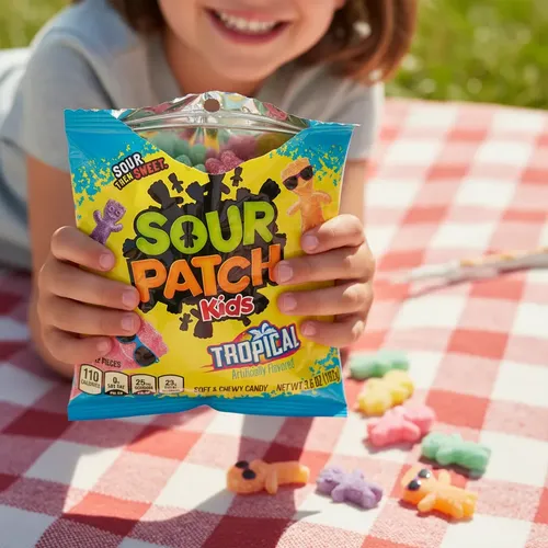 Child holding a Sour Patch Kids Tropical flavor pillow bag outdoors on a picnic blanket