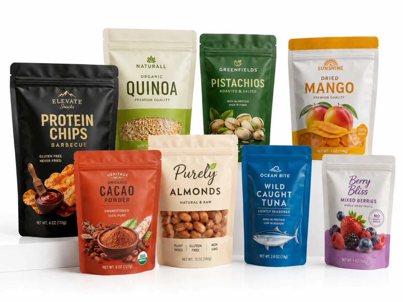 custom snack packaging pouch collection — protein chips, quinoa, pistachios, dried mango, cashew, almonds, dried fruit stand-up pouches produced by JINYI