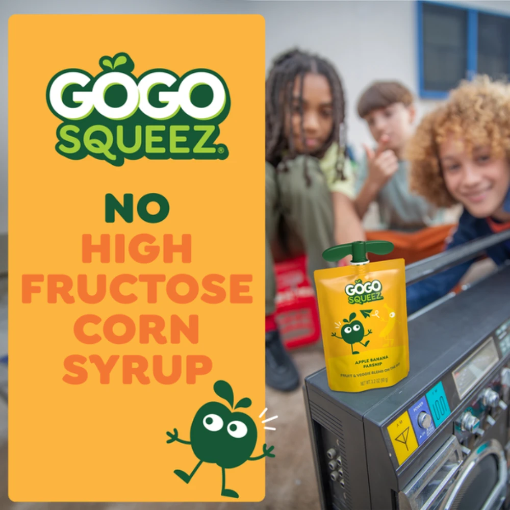 GoGo squeeZ no high fructose corn syrup promotional image with children in school setting