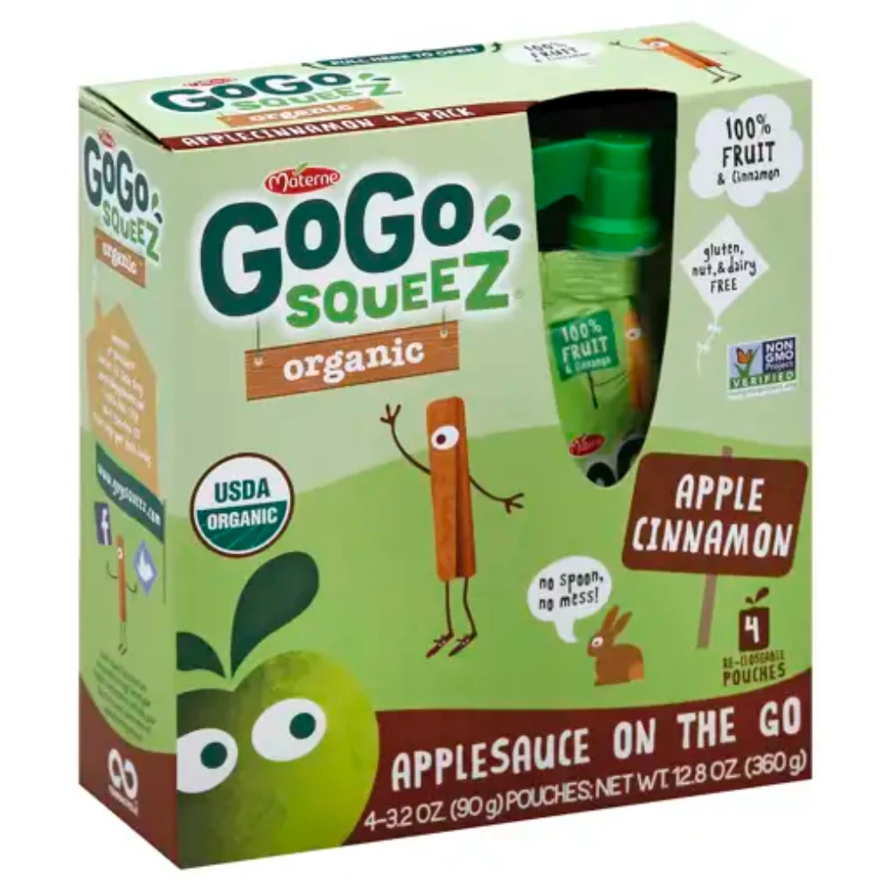 GoGo squeeZ Organic Apple Cinnamon applesauce pouches in a 4-count multipack retail box