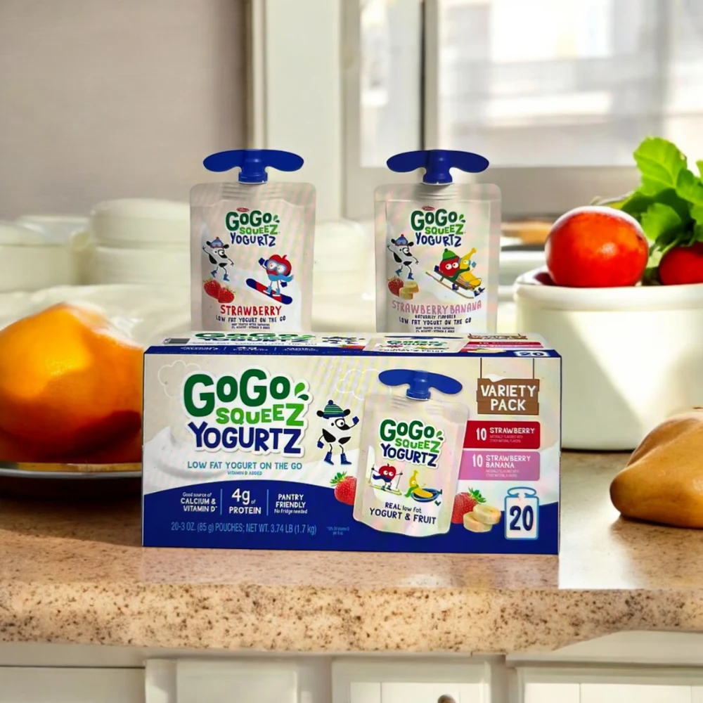 GoGo squeeZ applesauce pouches and YogurtZ displayed together in a kitchen lifestyle setting
