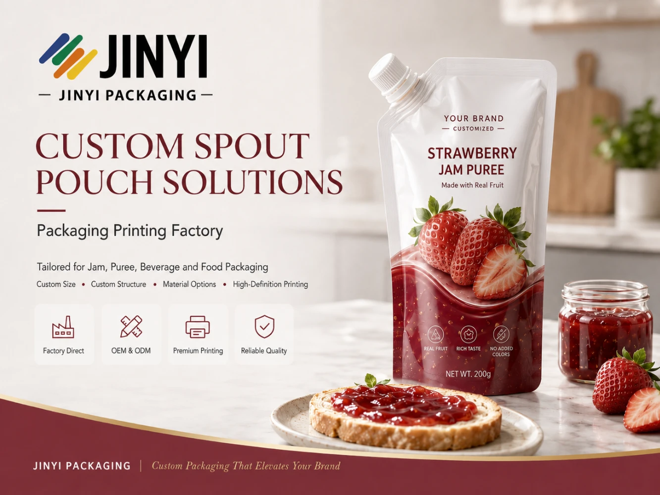 JINYI Packaging custom spout pouch solutions for jam puree beverage and food packaging with strawberry jam example