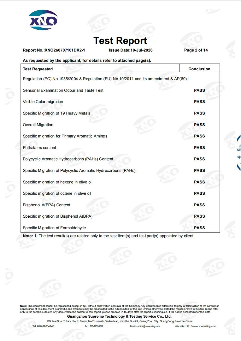 JINYI EU food contact material test report — third-party compliance verification for heavy metals, overall migration, BPA, and primary aromatic amines