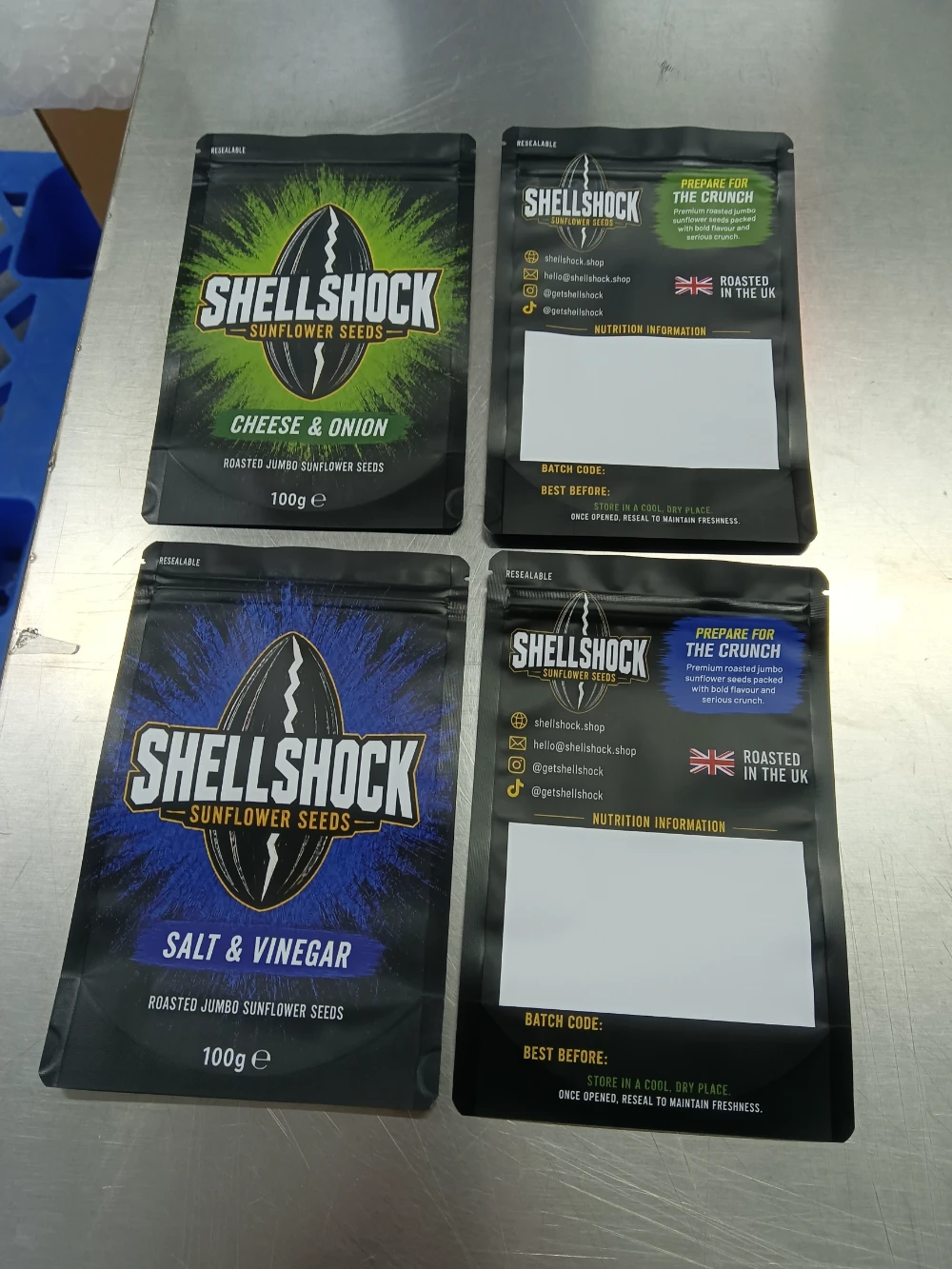 Shellshock sunflower seeds custom resealable pouches — cheese onion and salt vinegar flavours produced by JINYI