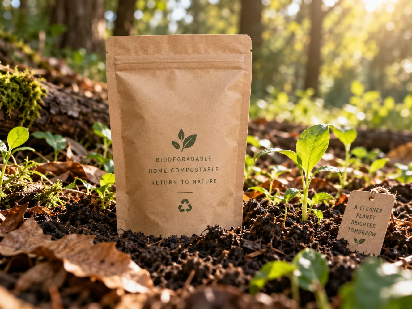 Compostable kraft pouch placed in soil beside young plants to illustrate a composting end-of-life route