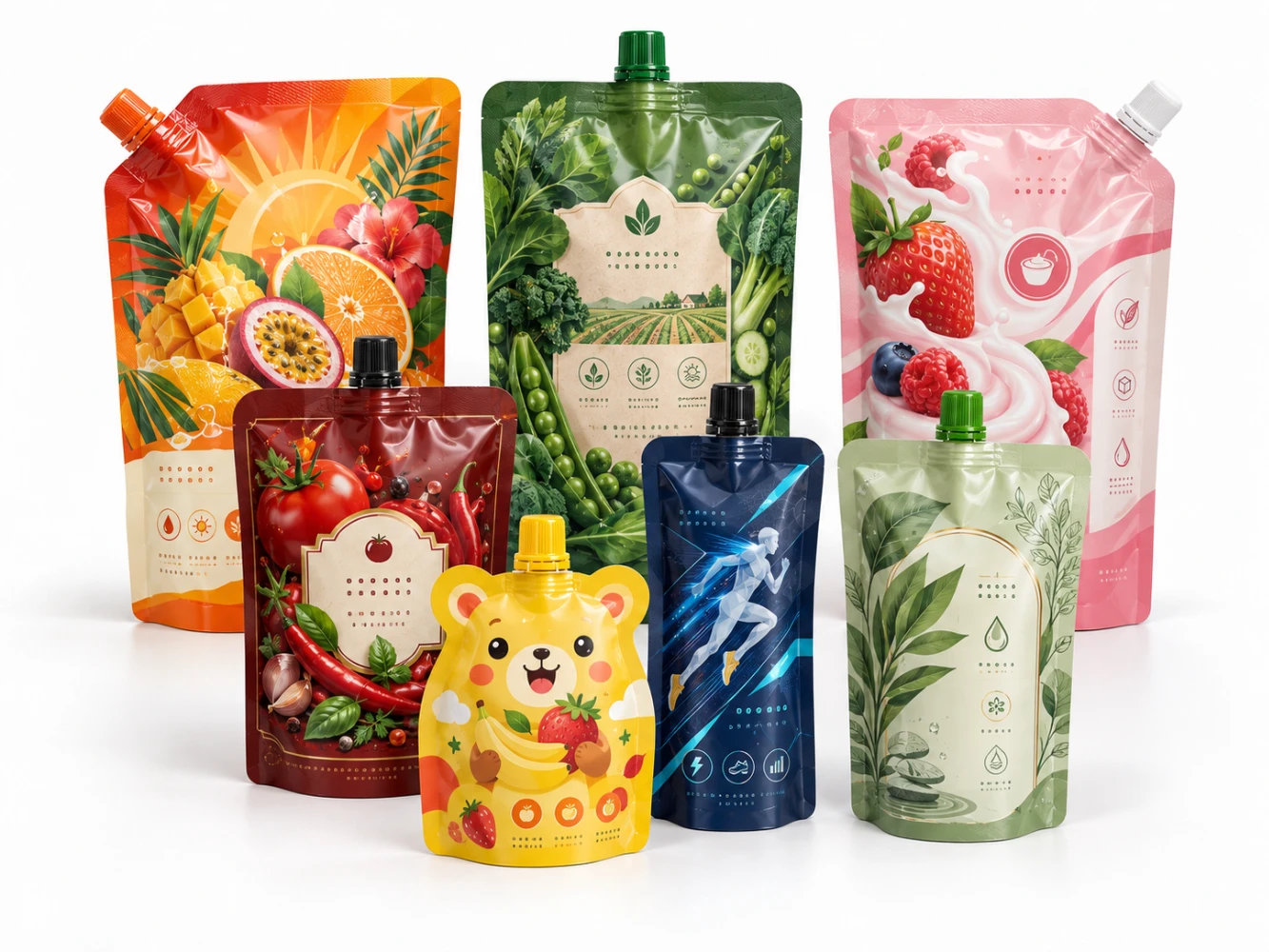 Custom spout pouches for beverages, fruit puree, sauces and other liquid products