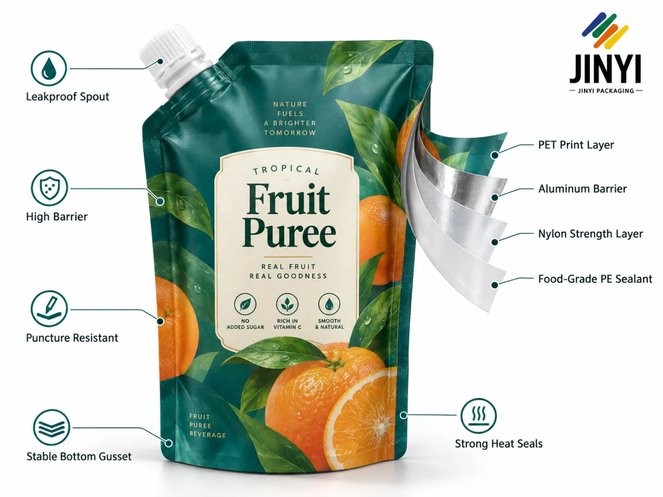 Fruit puree spout pouch with PET, aluminum, nylon and PE laminate structure