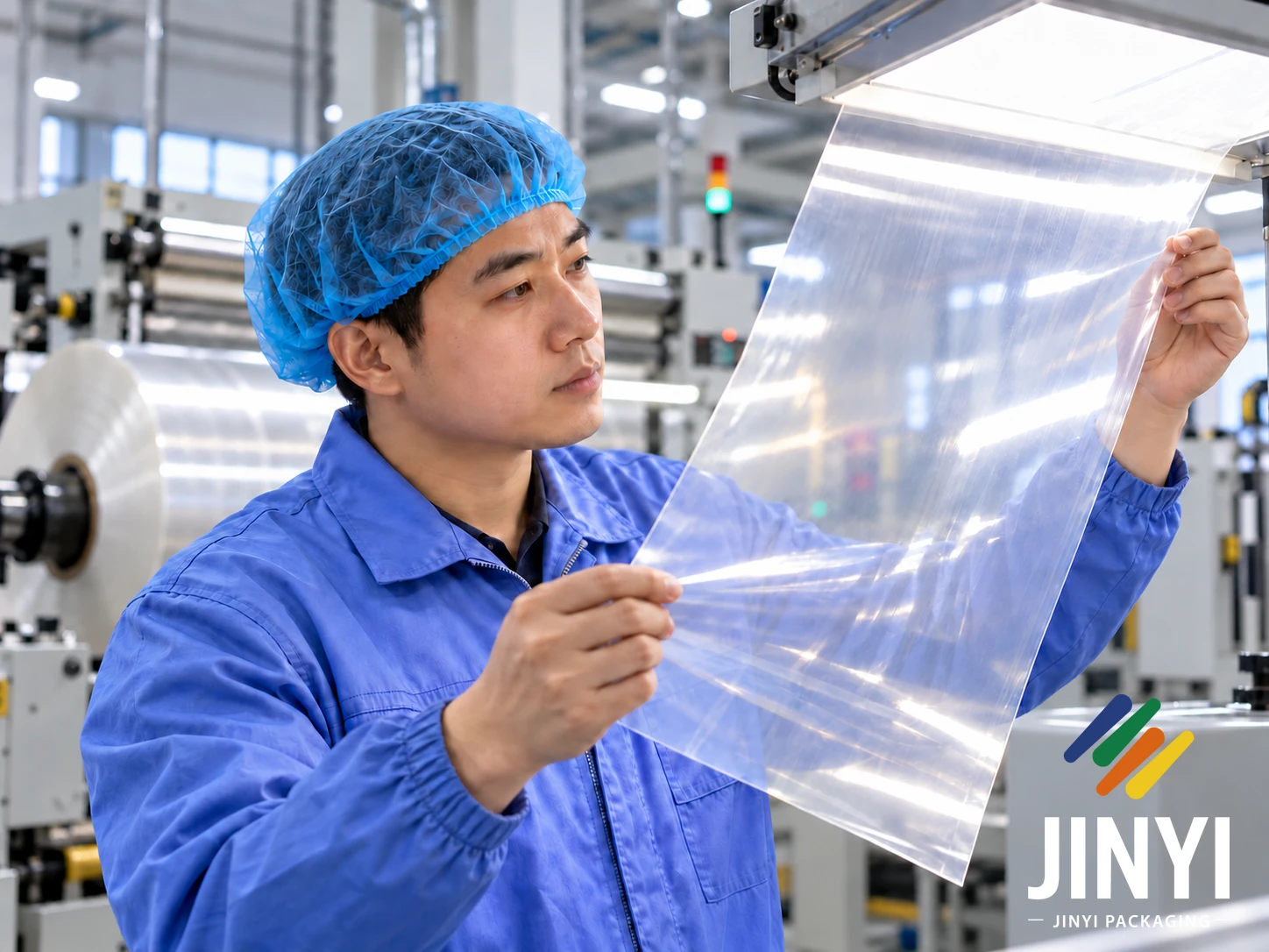 JINYI production worker holding laminated packaging film up to the light for visual inspection