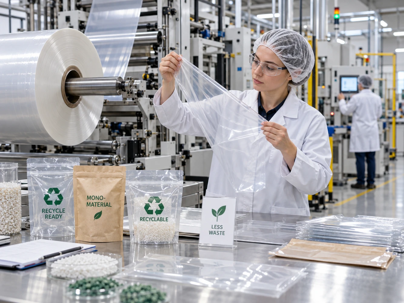 Packaging engineer inspecting transparent film for recyclable and mono-material pouch production