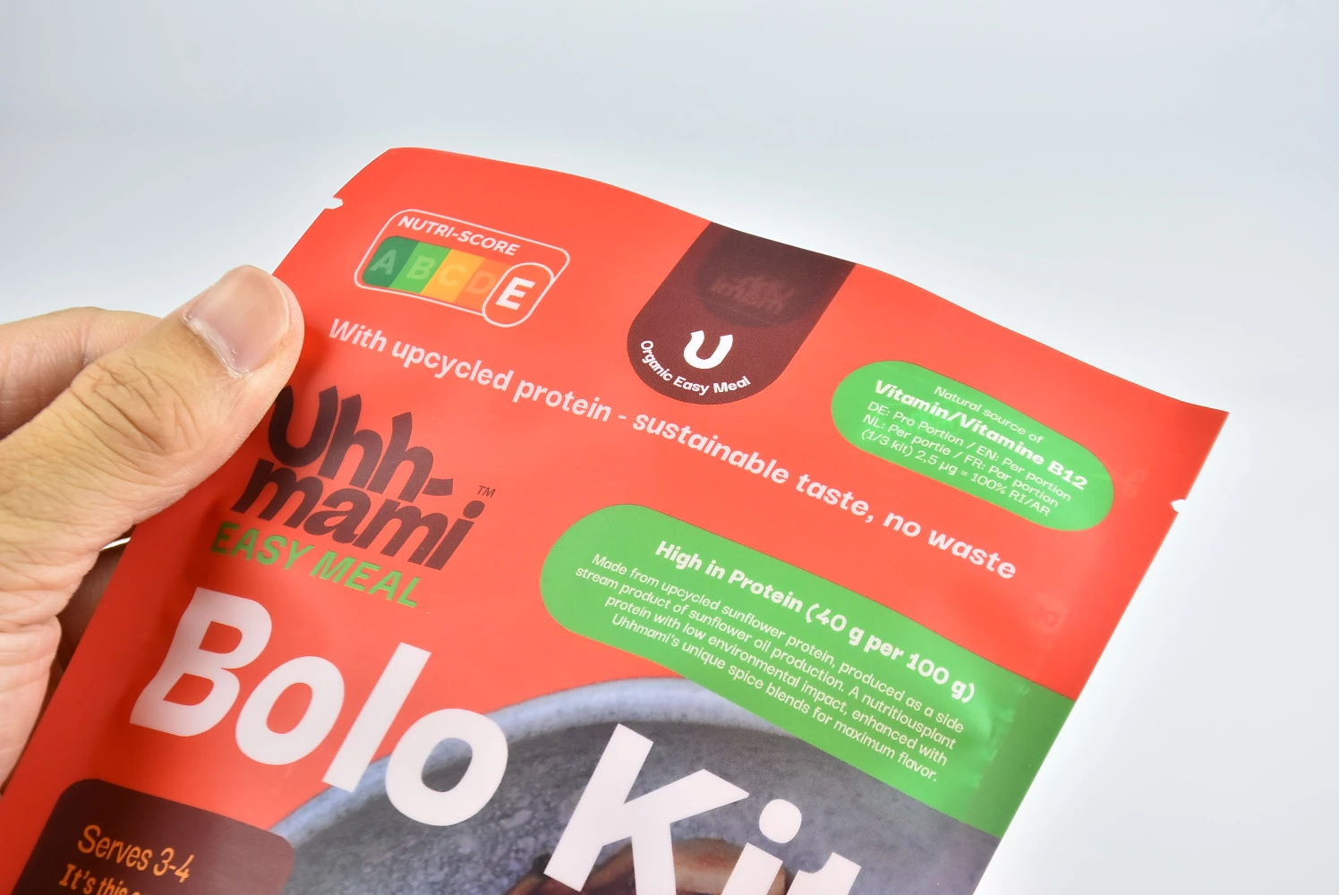 Close-up of the printing and top seal on a soft recyclable PE food pouch