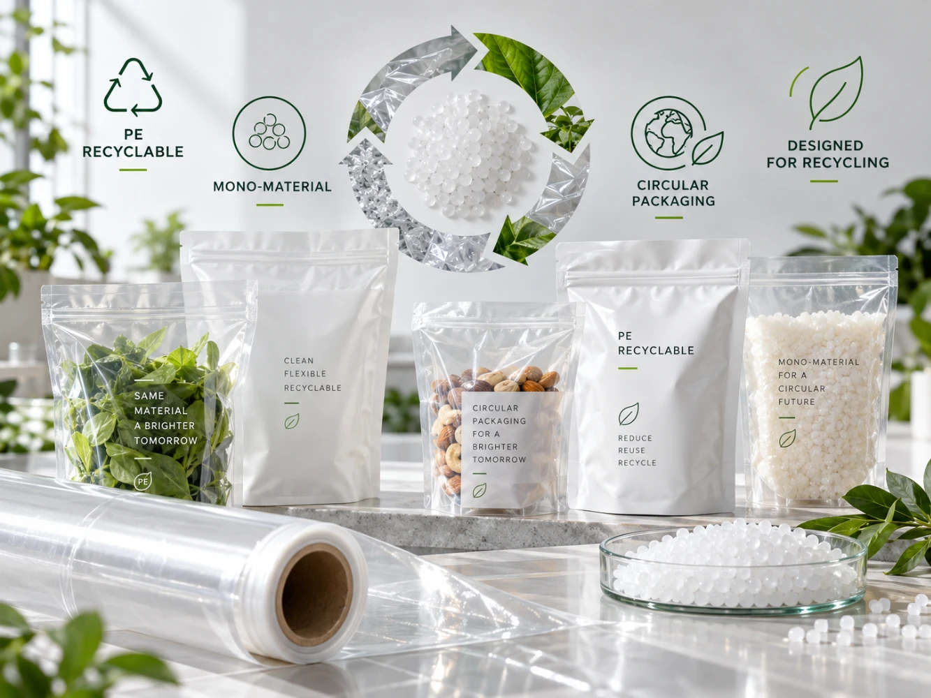 Recyclable PE pouches displayed with flexible film and polyethylene resin pellets