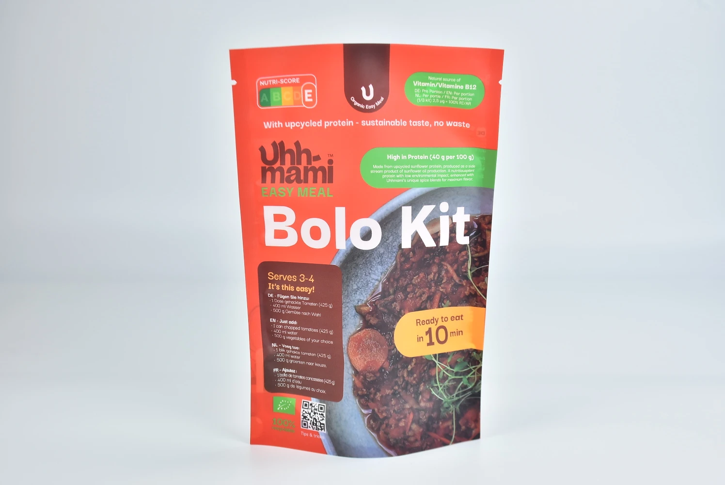 Front view of an 80 g recyclable PE stand-up pouch for a shelf-stable dry meal product
