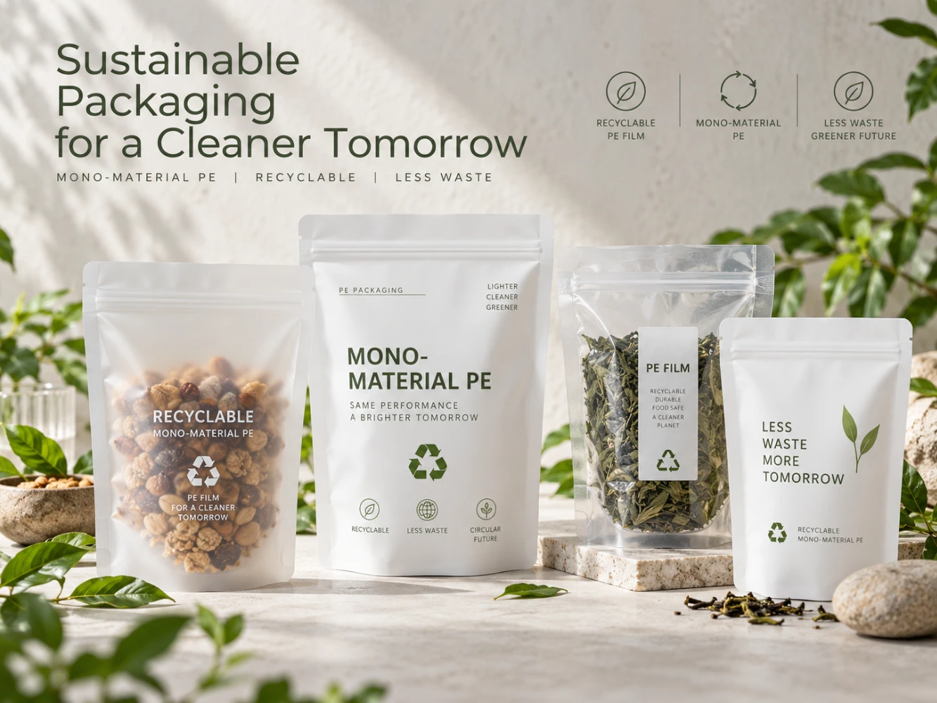 Collection of recyclable mono-material PE pouches designed for food and dry product packaging