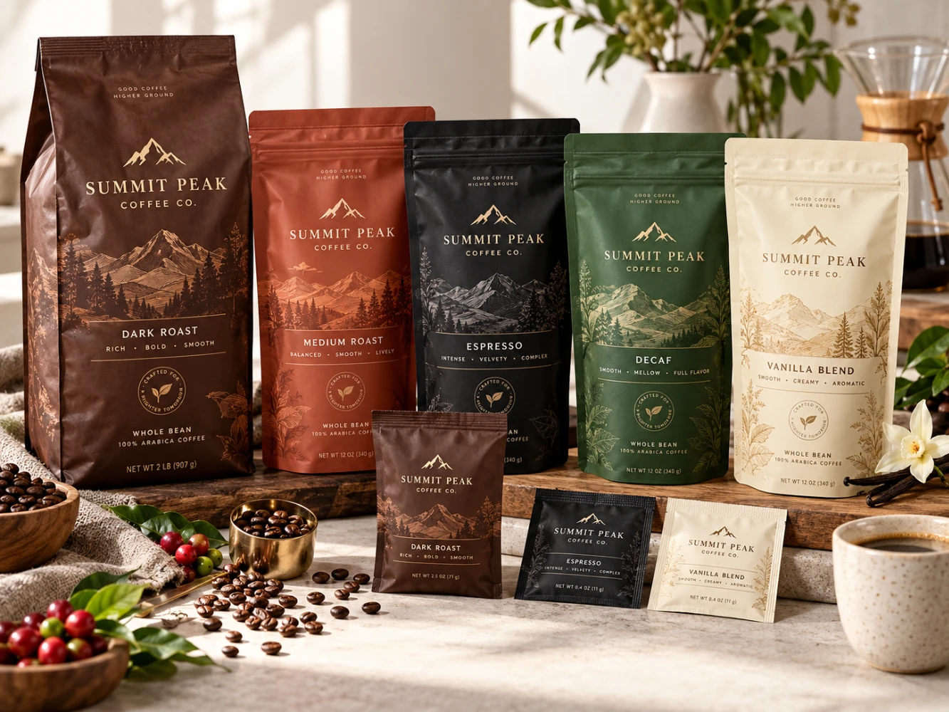 Coffee bags and sample pouches in several colours and sizes displayed with coffee beans