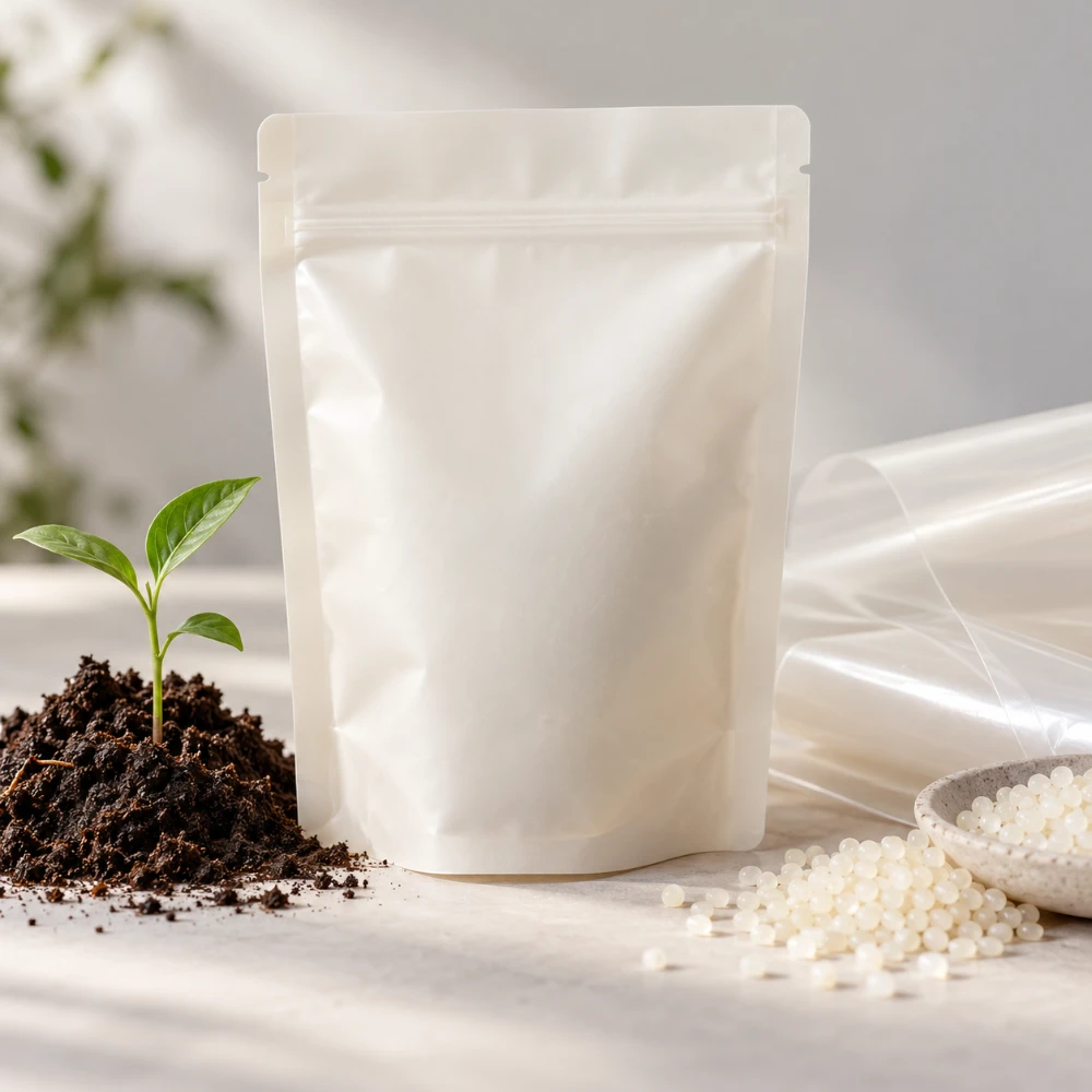 Minimal white flexible pouch displayed with natural materials to illustrate compostable packaging options.