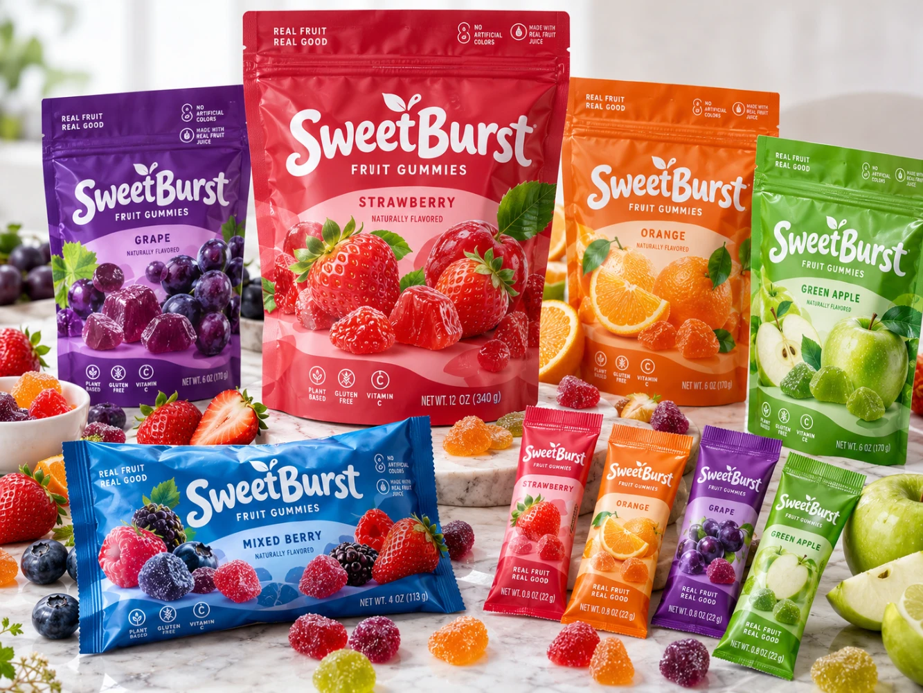 Colourful fruit gummy pouches in multiple flavours, sizes and packaging formats
