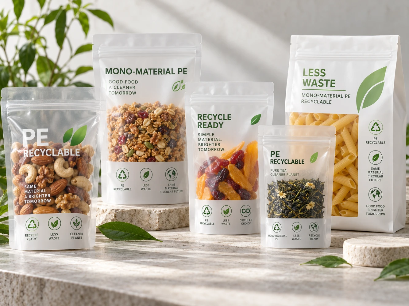 JINYI mono-material PE recyclable stand-up pouches for nuts, grains, dried fruit and other food products