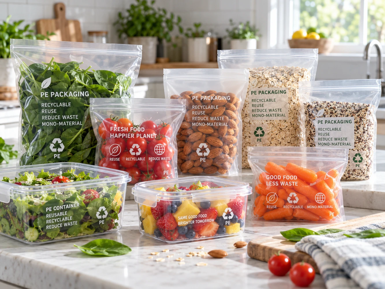 JINYI recyclable PE food packaging pouches for fresh produce, nuts, grains and other dry food applications