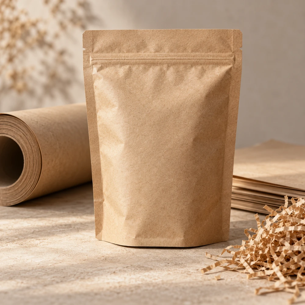 Natural brown kraft paper packaging pouch displayed with paper-based materials in a neutral setting.
