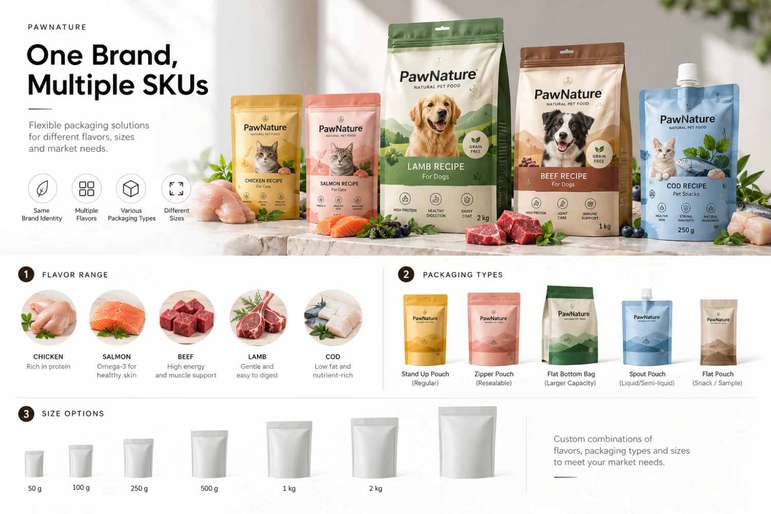 Pet food packaging planning infographic showing flavour options, pouch types and sizes